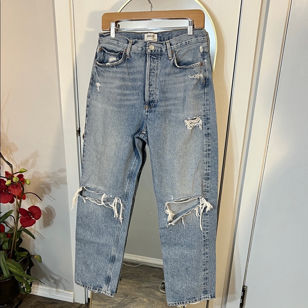 Agolde High Rise Distressed Straight Jeans - Light Wash Blue